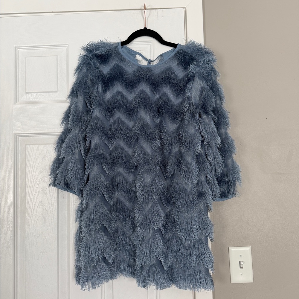 Hutch Anthropologie Fringe Shift Fringe Blue Mini Dress